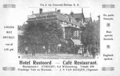 712765 Advertentie van Hotel Rustoord, Café Restaurant, eigenaar J.P. van Rooijen, Mariaplaats b.d. Willemsbrug te Utrecht.